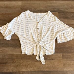 Altar'd State Cream and Light Brown Striped Tie-Front Crop Top